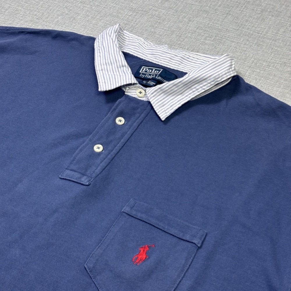 Polo Ralph Lauren Vintage Polo Shirt Mens 2XL Blue 100% Cotton Striped Collared